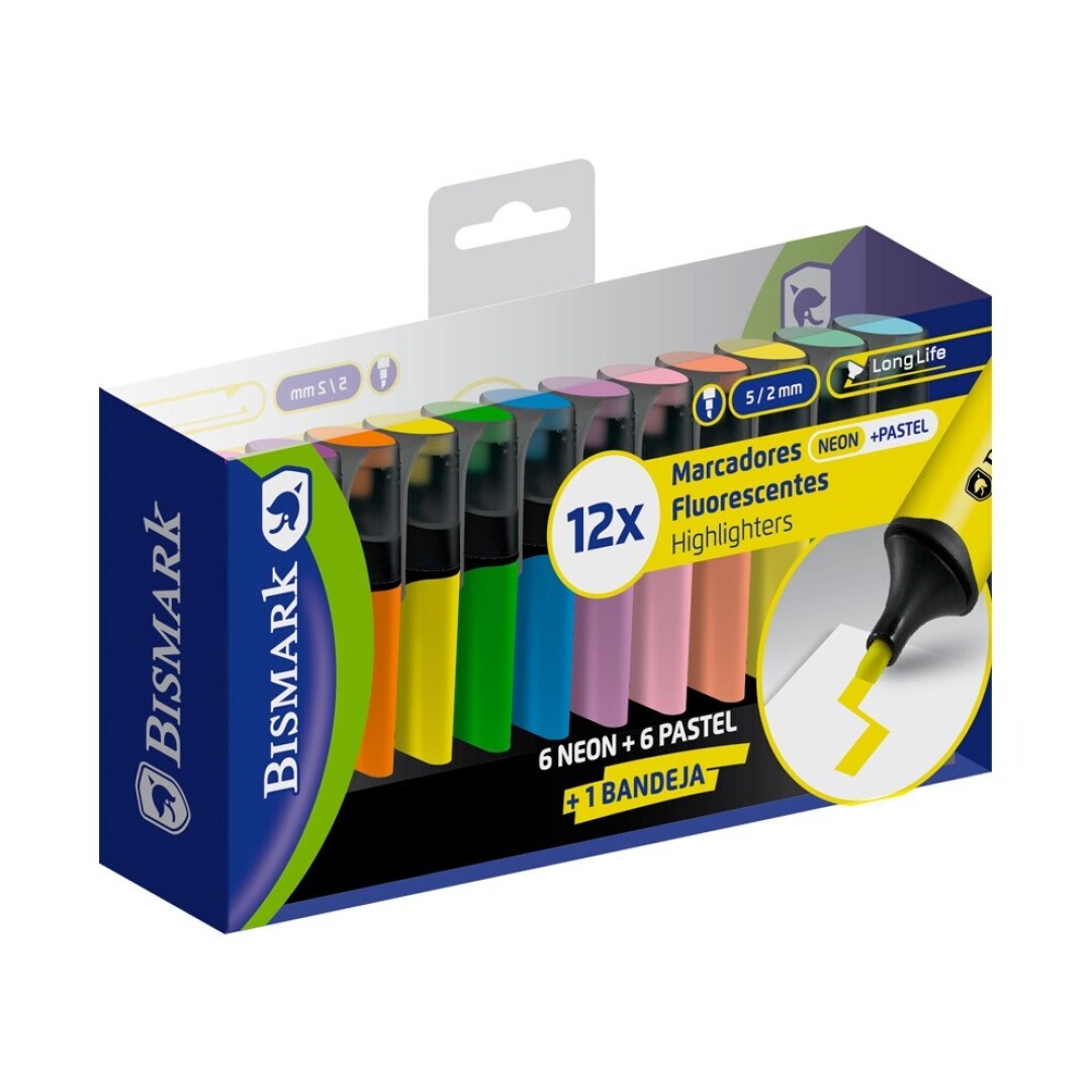 Marcadores fluorescentes Long-life  12 colores (6 neón + 6 pastel)